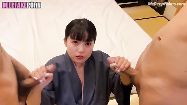 Fake Asuka Saito (齋藤 飛鳥 乃木坂46) making double handjob