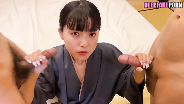 Fake Asuka Saito (齋藤 飛鳥 乃木坂46) making double handjob
